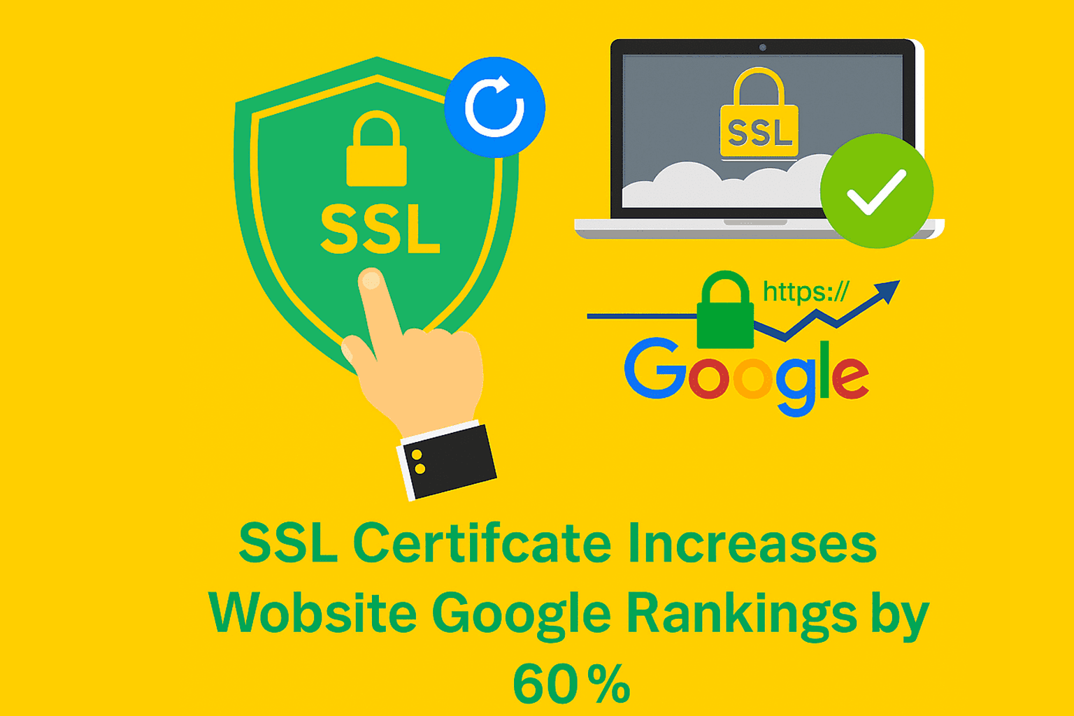 Illustration showing a green SSL shield, laptop, and Google logo to represent how SSL certificates can increase website Google rankings by 60%