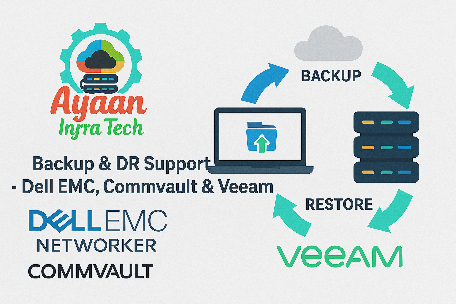 Ayaan Infra Tech backup and DR support workflow showing Dell EMC NetWorker, Commvault, and Veeam solutions with laptop to cloud backup restore cycle