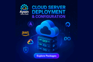 Ayaan Infra Tech cloud server deployment and configuration services with 3D server stack showing AWS, GCP, Azure, and DigitalOcean platform integration and security features