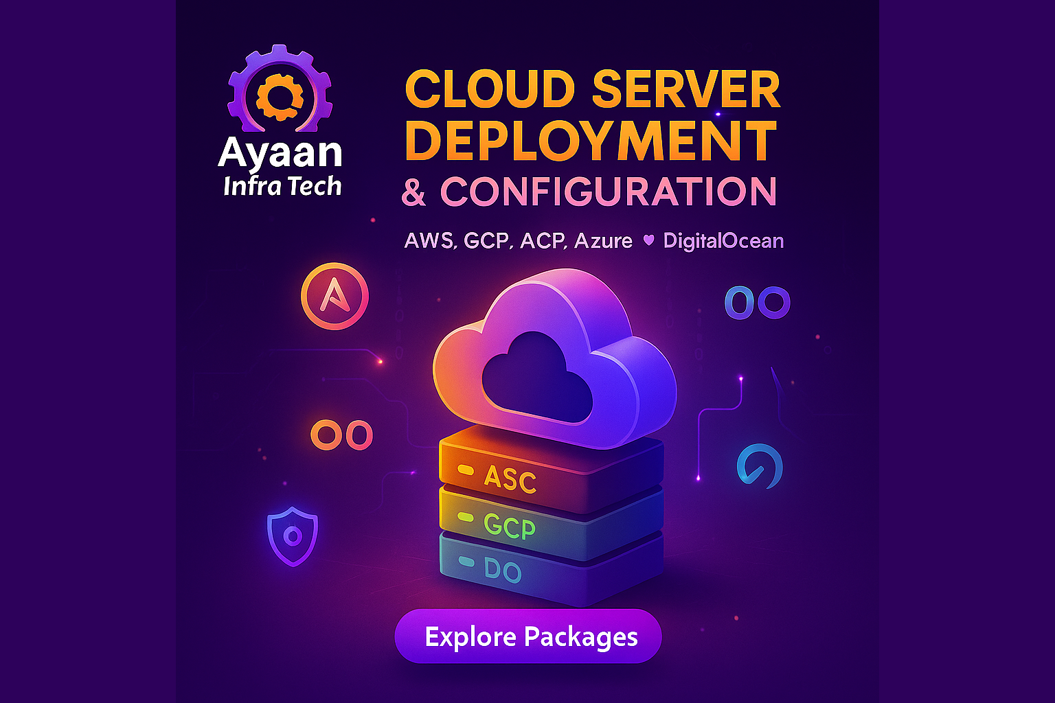 Ayaan Infra Tech cloud server deployment and configuration services featuring 3D gradient server stack with AWS, GCP, Azure, and DigitalOcean platform support and security icons