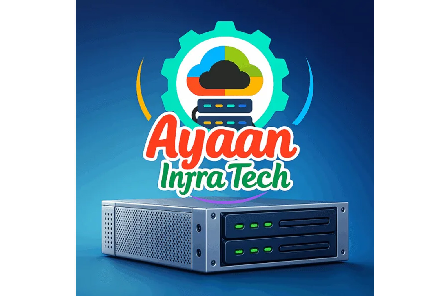 Ayaan Infra Tech cloud server infrastructure with enterprise server hardware and colorful cloud connectivity gear logo on blue background