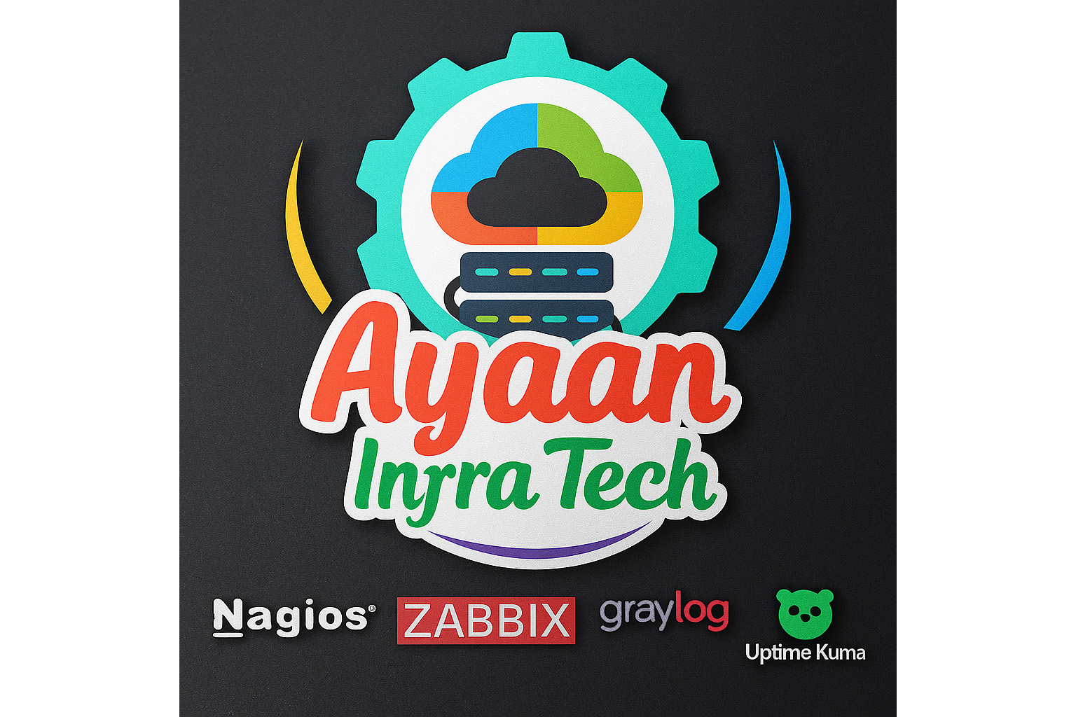 Ayaan Infra Tech clean company logo with cloud infrastructure gear icon and monitoring tools Nagios, Zabbix, Graylog, Uptime Kuma on light background