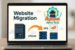 Laptop mockup showing website migration service from bare-metal server to cPanel, VPS, and shared hosting with Ayaan Infra Tech branding
