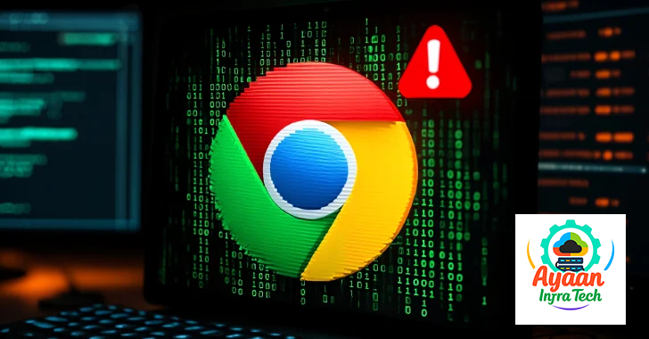 Google Chrome browser security vulnerability warning with red alert icon and binary code background representing cybersecurity threats and browser security issues
