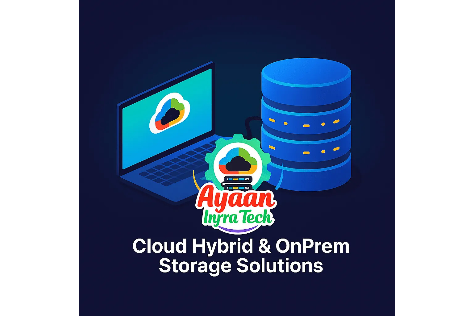 Cloud hybrid and on-premises storage solutions illustration showing laptop with cloud icon connected to database servers by Ayaan Infra Tech