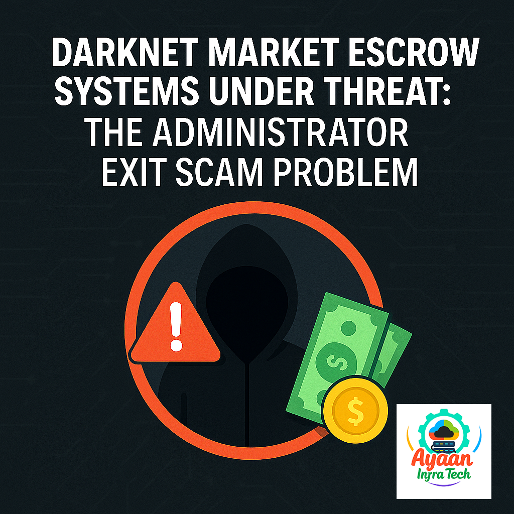 Illustration showing a hooded figure with money and warning sign, representing darknet market escrow systems under threat from administrator exit scams.