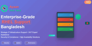 Enterprise-grade RHEL Support Bangladesh 2025 by Ayaan Infra Tech featuring server infrastructure with security, uptime, and performance solutions on purple gradient background