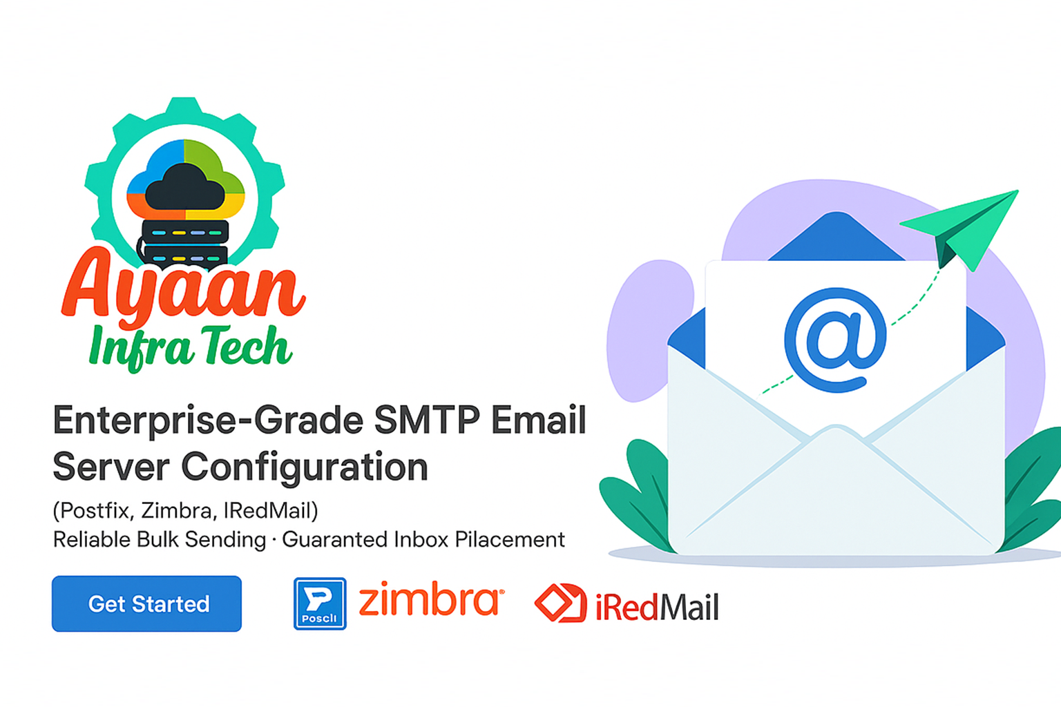 Enterprise-grade SMTP email server configuration services by Ayaan Infra Tech featuring Postfix, Zimbra, and iRedMail solutions for reliable bulk sending