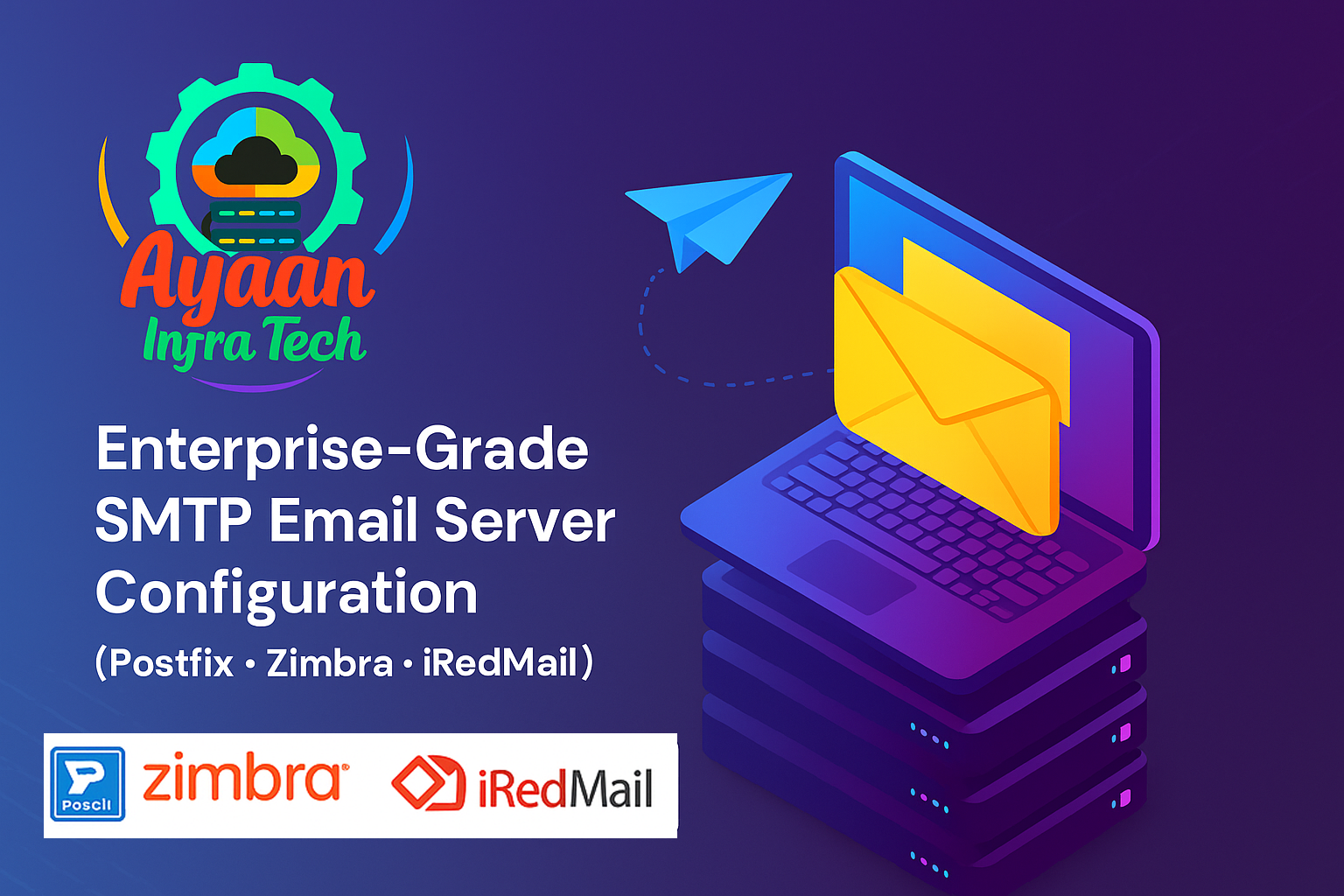 Enterprise-grade SMTP email server configuration by Ayaan Infra Tech featuring isometric laptop with email envelope, server stack, and paper plane on purple gradient background showcasing Postfix, Zimbra, and iRedMail solutions