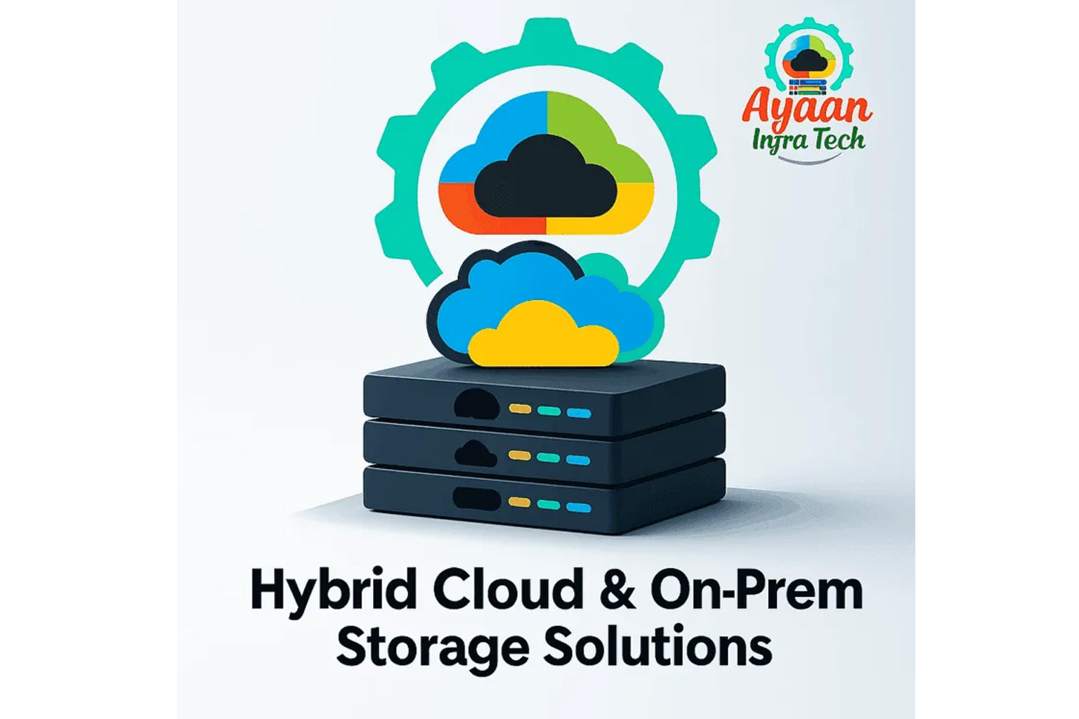Hybrid cloud and on-premises storage solutions with server stack and colorful cloud icons in gear configuration by Ayaan Infra Tech